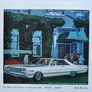 Grande pubblicità per auto Mercury del 1966 (Ford Motor Company, vecchia foto classica, pubblicità, brochure stampata, concessionario, American Auto Hardtop Park Lane)