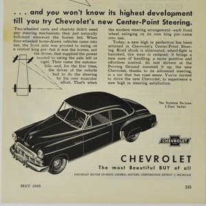 Anúncio de carro 1949 Chevrolet Styline De Luxe 4 portas Sedan (general motors company clássico foto antiga folheto de propaganda peças de pôster eua chevy)