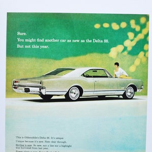 Grote autoadvertentie 1965 Oldsmobile Delta 88 (GM General Motors Company klassieke oude fotoadvertentie gedrukte brochure olds Super Rocket V-8 auto)