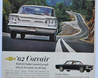 Anuncio de automóvil grande Chevrolet Corvair Monza 1962 (anuncio fotográfico antiguo clásico de GM, empresa General Motors, piezas, folleto impreso, concesionario, concesionario)