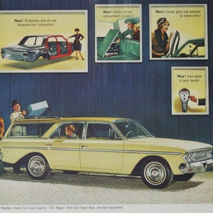 Grande pubblicità per auto 1963 AMC Rambler Classic Six Cross Country 770 Wagon (American Motors Company, vecchia pubblicità fotografica, parti, stazione USA)