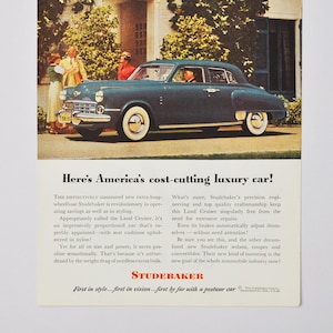 Anúncio de carro Studebaker dos anos 1950 (clássico, carro, revendedor, automóvel, automóvel, antigo, anúncio de propaganda, concessionária, foto)