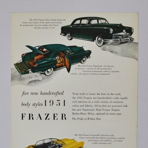 Auto-Werbung 1951 Frazer 4-Door Sedan (Luxus-Automobil-Klassiker altes Foto-Werbeprospekt Teile-Autohaus Klassiker Pride of Willow Run Auto)
