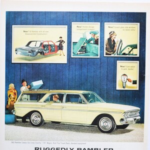 Grote autoadvertentie 1963 Rambler Classic Six Cross Country (American Motors klassieke oude fotoadvertentie print posterbrochure klassieke dealer)
