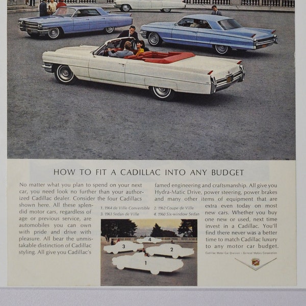 Publicité pour une voiture Cadillac de Ville Cabriolet 1964 / Sedan de Ville 1963 / Coupe de Ville 1962 / Sedan six fenêtres 1960 (motors company classic old)