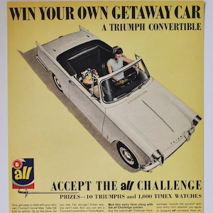 Grote autoadvertentie 1966 Triumph Convertible (autobedrijf klassieke oude fotoadvertentie gedrukte brochure dealer auto Britse leyland)