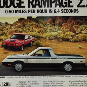 Annonce voiture 1982 Dodge Rampage 2.2 (compagnie automobile classique vieille photo publicité pièces brochure imprimée chrysler américaine usa camionnette)
