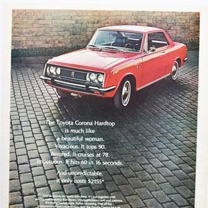 Grande pubblicità per auto 1970 Toyota Corona (auto di lusso classica vecchia foto pubblicità brochure ricambi sport retrò concessionario concessionaria Giappone Tokyo)