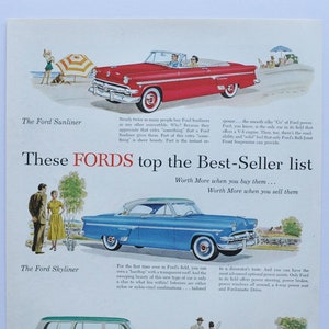 Große Auto-Werbung 1954 Ford (Motor Company Classic altes Fotoreklameteile Print-Broschüre Händler Autohaus uns Auto Skyliner Kombi)