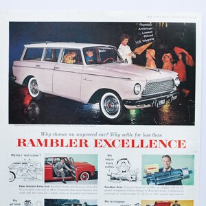 Grande pubblicità per auto 1961 Rambler (American Motors Classic, vecchia foto pubblicitaria, stampa poster brochure, concessionario classico USA Ambassador Metropolitan)