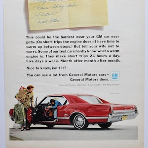Grote autoadvertentie Oldsmobile Cutlass uit de jaren 60 (GM General Motors Company klassieke oude fotoadvertentie onderdelen gedrukte brochure olds toronado sports)