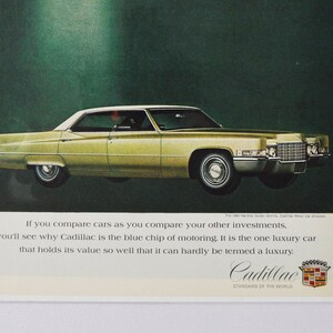 Annuncio di un'auto del 1969 Cadillac Hardtop Sedan deVille (vecchia foto classica della società di motori, brochure pubblicitaria, poster, parti, foto originale GM US auto)