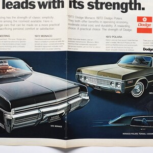 2-seitige Auto-Werbung 1972 Dodge Monaco / Polara (Chrysler Motor Company Classic altes Foto) Werbebroschüre Autohaus amerikanisch