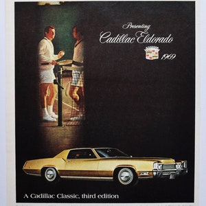 Grote autoadvertentie 1969 Cadillac Eldorado (klassieke oude fotoadvertentie onderdelen van motorbedrijf gedrukte brochure GM General Motors-dealer)