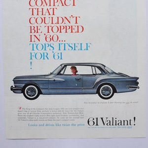 Pubblicità di un'auto di grandi dimensioni, Chrysler Valiant del 1961 (azienda automobilistica Chrysler, vecchia pubblicità fotografica classica, parti, brochure stampata, Fury Barracuda Plymouth)