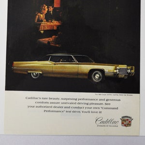 Annuncio di un'auto del 1969 Cadillac Coupe deVille (vecchia foto classica dell'azienda di motori, brochure pubblicitaria, poster del rivenditore, foto dei ricambi originale GM US auto)