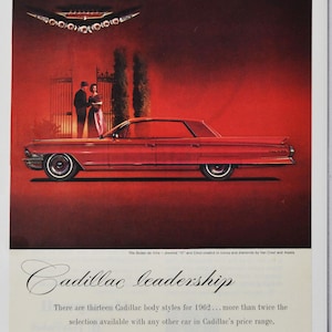 Annuncio di un'auto del 1962 Cadillac Sedan de Ville (vecchia foto classica dell'azienda di motori, brochure pubblicitaria, poster, concessionaria, concessionaria, foto originale delle parti)