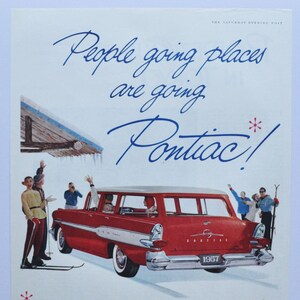 Grande pubblicità per auto Pontiac del 1957 (GM General Motors Company, pubblicità fotografica classica d'epoca, parti, brochure stampate, concessionario, concessionaria USA, auto America)