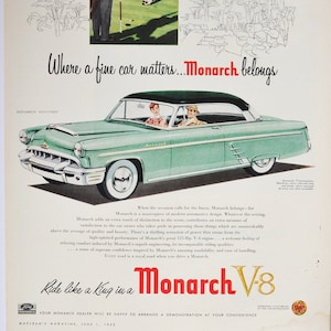 Grande pubblicità per auto Ford Monarch Monterey del 1953 (azienda automobilistica, vecchia foto classica, pubblicità, parti, brochure stampata, concessionaria, golf canadese, aperto)