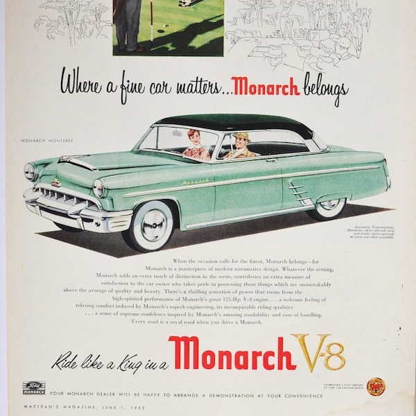 Grande annonce de voiture 1953 Monarch Monterey (société automobile classique vieille photo publicité pièces imprimer brochure concessionnaire Ford golf canadien ouvert)
