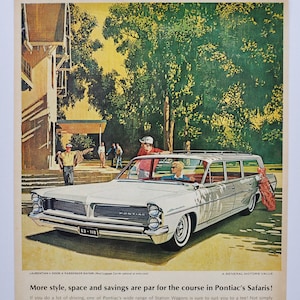 Grote autoadvertentie 1963 Pontiac Laurentian Safari (GM General Motors Company klassieke oude fotoadvertentie onderdelen brochure afdrukken dealer auto us)