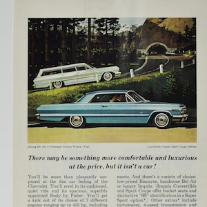 Annonce pour une voiture Chevrolet Bel Air Station Wagon / Impala Sport Coupé (pièces de l'affiche de la brochure publicitaire classique de la société General Motors)