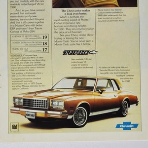 車の広告 1980 シボレー モンテカルロ (ゼネラルモーターズ カンパニー クラシック 古い写真 広告 パンフレット ポスター パーツ 米国 シボレー アメリカン エンジン)