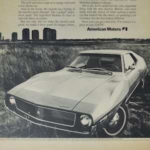Grande pubblicità per auto 1980 AMC Javelin (American Motors Company, vecchia pubblicità fotografica classica, concessionario, brochure, Rambler 2 porte con tetto rigido)