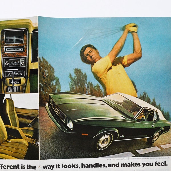 2-Page Car Ad 1973 Ford Mustang (société automobile classique ancienne photo impression affiche annonce brochure concessionnaire concessionnaire auto american golf)