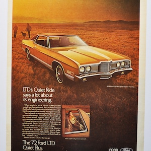 Anúncio de carro grande 1972 Ford LTD Brougham (companhia de automóveis clássica foto antiga peças de anúncio imprimir folheto revendedor concessionária us auto american)