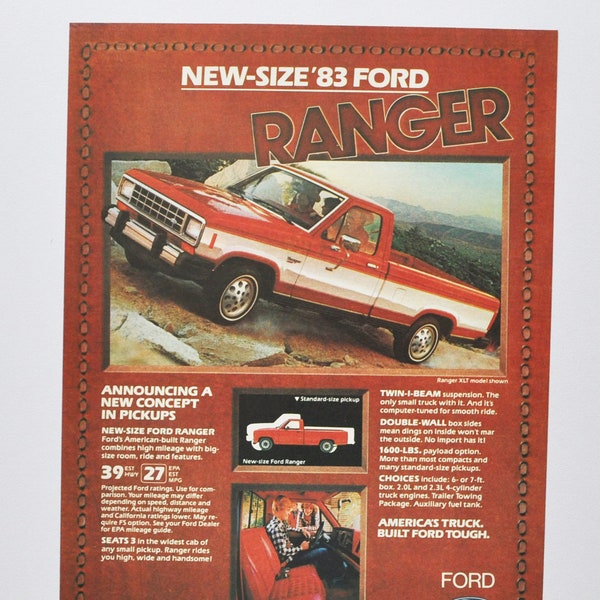 Car Ad 1983 Ford Ranger Pickup (motor company classic old photo advertisement parts print brochure poster usa bronco courier truck F150 XLT)