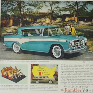 Pubblicità di un'auto di grandi dimensioni, 1957, AMC Rambler (American Motors Company, pubblicità fotografica classica, vecchia, parti, brochure stampata, concessionario, motore V-8, USA)