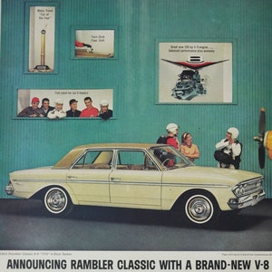 Grande pubblicità per auto 1963 AMC Rambler Classic Six Cross Country 770 Wagon (American Motors Company, vecchia pubblicità fotografica, parti, stazione USA)