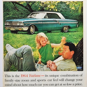 Grande pubblicità per auto Ford Fairlane 500 del 1964 (azienda automobilistica, pubblicità fotografica d'epoca, parti, brochure stampate, concessionario, coupé sportiva, auto)