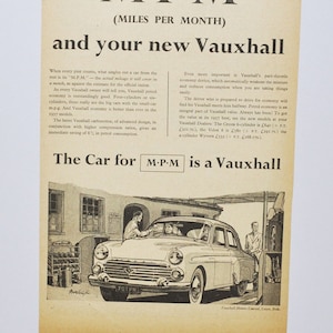Anúncio de carro 1957 Vauxhall (antiga foto clássica da empresa automobilística, anúncio de peças, folheto de impressão, concessionária de automóveis, clássico, Reino Unido, Luton, britânico)