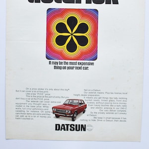 Grande pubblicità per auto Datsun del 1970 (auto di lusso, classica, vecchia foto, pubblicità, brochure, ricambi, sport, retrò, concessionario, Giappone, auto, Nissan)