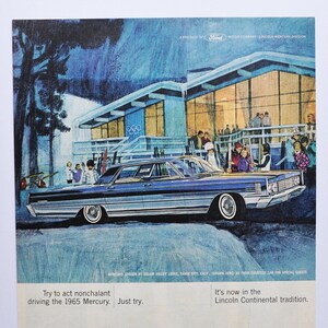 Grande pubblicità per auto Mercury del 1965 (pubblicità fotografica classica di una vecchia azienda automobilistica, parti, brochure stampate, concessionario, America, Lincoln Continental)