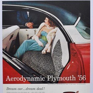 Grande pubblicità per auto 1956 Plymouth Belvedere (azienda automobilistica, auto d'epoca, vecchia foto pubblicitaria, parti, brochure stampata, concessionario Chrysler Fury Barracuda)