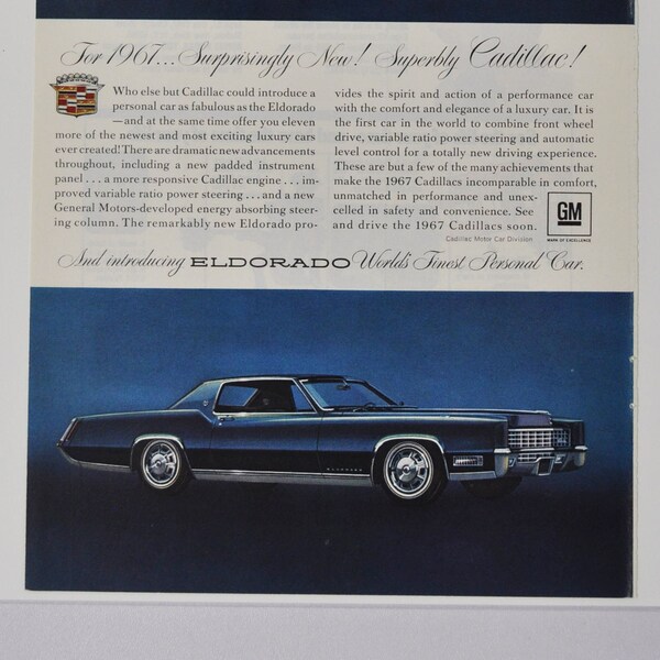 Annonce de voiture 1967 Cadillac Eldorado (société de moteurs classique vieille photo publicité brochure affiche concessionnaire pièces photo originale GM USA)