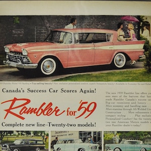 Grote autoadvertentie 1959 AMC Rambler Rebel v8 Hardtop (American Motors Company klassieke oude fotoadvertentie dealer dealer onderdelen VS Amerikaanse auto)