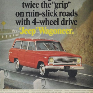 Grote autoadvertentie Jeep Wagoneer (AMC klassieke oude fotoadvertentie onderdelen gedrukte brochure dealer American Motors Kaiser Corporation VS VS)