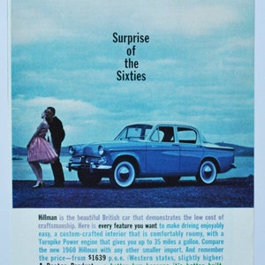 Grande pubblicità per auto 1960 Hillman (vecchia foto classica della compagnia automobilistica, pubblicità stampata, brochure, concessionario retrò, automobile, radici britanniche)