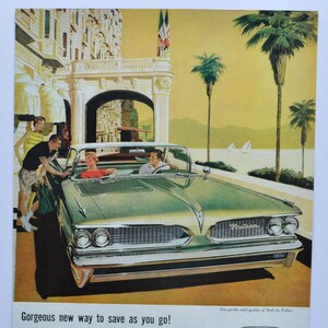Grote autoadvertentie 1959 Pontiac Tempest 420E (GM General Motors Company klassieke oude fotoadvertentie onderdelen brochure gedrukt dealer dealerbedrijf ons)