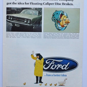 Grande pubblicità per auto Ford Disc Brakes (azienda automobilistica, foto d'epoca classica, pubblicità, parti, brochure stampate, concessionario, freni resistenti all'acqua)