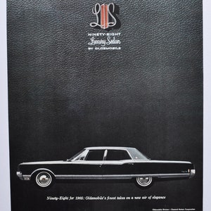 Grande pubblicità per auto Oldsmobile 98 Ninety-Eight del 1965 (GM General Motors Company, pubblicità fotografica classica, vecchia, parti, brochure stampata, concessionario Olds)