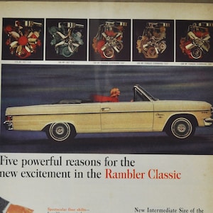 Grote autoadvertentie 1965 AMC Rambler Classic (American Motors Company klassieke oude fotoadvertentie dealer dealer Amerikaanse cabriolet ambassadeur)