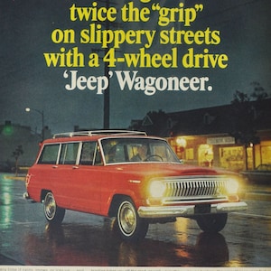 Pubblicità di un'auto di grandi dimensioni Jeep Wagoneer (AMC, pubblicità fotografica d'epoca, brochure stampata, concessionaria American Motors, Kaiser Corporation, USA)