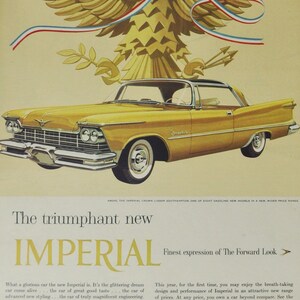 Grande pubblicità per auto 1957 Chrysler Imperial Crown 2 porte Southampton (pubblicità fotografica classica di una vecchia azienda automobilistica, parti, brochure stampata, auto usa)