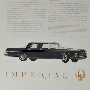 Grande pubblicità per auto del 1963 Chrysler Imperial Crown Four-Door (vecchia pubblicità fotografica classica della casa automobilistica, parti, brochure stampata del rivenditore Le Baron)