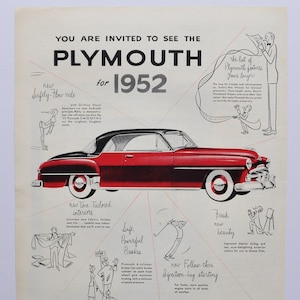Grande pubblicità per auto 1952 Plymouth (azienda automobilistica Chrysler vecchia pubblicità fotografica classica parti brochure stampata Belvedere Valiant Barracuda Fury)